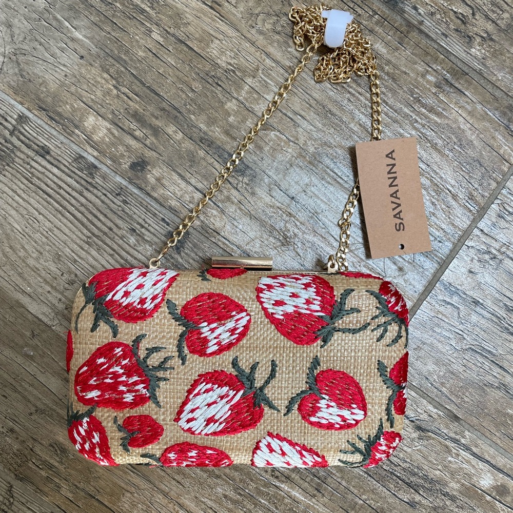 Savanna Strawberry Embroidered Tan Clutch Purse summer cottagcore NWT